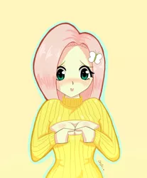 Size: 993x1200 | Tagged: artist:anashugo040, breasts, busty fluttershy, cleavage, clothes, derpibooru import, female, fluttershy, human, humanized, keyhole turtleneck, open-chest sweater, solo, suggestive, sweater, sweatershy, turtleneck