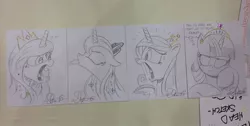 Size: 787x398 | Tagged: safe, artist:andypriceart, derpibooru import, princess cadance, princess celestia, princess luna, twilight sparkle, twilight sparkle (alicorn), alicorn, pony, alicorn tetrarchy, andy you magnificent bastard, female, little tongue, mare, this is why we can't have nice things, tongue out, traditional art, twilight is not amused, unamused, yelling