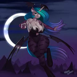 Size: 900x900 | Tagged: suggestive, artist:kevinsano, derpibooru import, princess celestia, anthro, unguligrade anthro, armpits, breasts, busty princess celestia, butt wings, cleavage, clothes, costume, darkstalkers, female, hair over one eye, head wings, moon, morrigan aensland, nail polish, solo, solo female, wide hips