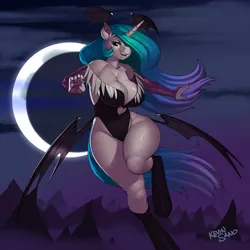 Size: 900x900 | Tagged: suggestive, alternate version, artist:kevinsano, derpibooru import, princess celestia, anthro, unguligrade anthro, armpits, breasts, busty princess celestia, butt wings, cleavage, clothes, costume, darkstalkers, female, hair over one eye, head wings, moon, morrigan aensland, nail polish, nudity, patreon, solo, solo female, wide hips
