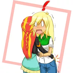 Size: 1000x1000 | Tagged: safe, artist:jumboz95, derpibooru import, applejack, sunset shimmer, equestria girls, appleshimmer, blushing, braid, butt touch, exclamation point, female, hand on butt, lesbian, molestation, shipping, surprised