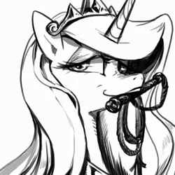 Size: 900x900 | Tagged: artist:han_hyui, bedroom eyes, derpibooru import, monochrome, mouth hold, princess celestia, solo, suggestive, whip