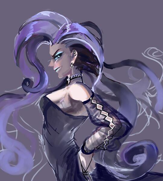 Size: 900x1000 | Tagged: artist:han_hyui, breasts, choker, clothes, derpibooru import, dress, ear piercing, earring, eyeshadow, female, fingerless elbow gloves, glare, human, humanized, lipstick, looking at you, nightmare rarity, piercing, safe, sideboob, solo