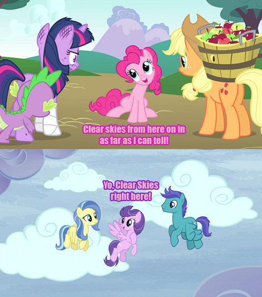 Size: 677x765 | Tagged: safe, derpibooru import, screencap, applejack, clear skies, open skies, pinkie pie, spike, sunshower, twilight sparkle, dragon, earth pony, pegasus, pony, unicorn, feeling pinkie keen, tanks for the memories, bandage, caption, cloud, cloudy, female, flying, image macro, impact font, male, mare, meme, pink text, pun, purple text, stallion, unicorn twilight, yo