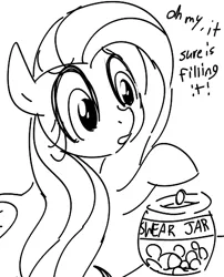 Size: 406x502 | Tagged: artist:dotkwa, derpibooru import, fluttershy, jar, monochrome, safe, solo, swear jar