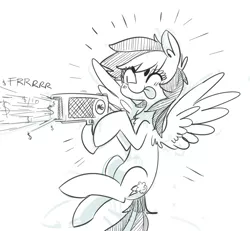 Size: 1084x1000 | Tagged: safe, artist:xieril, derpibooru import, rainbow dash, beanbrows, cute, dashabetes, money gun, monochrome, solo, tongue out