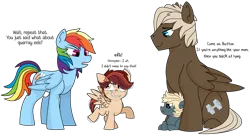 Size: 1485x807 | Tagged: safe, artist:dbkit, derpibooru import, dumbbell, rainbow dash, oc, oc:cherry bomber, oc:hightide, dumbdash, female, male, nervous, offspring, parent:dumbbell, parent:rainbow dash, parents:dumbdash, shipping, simple background, story included, straight, transparent background