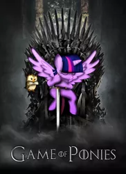 Size: 762x1049 | Tagged: safe, artist:dan232323, derpibooru import, owlowiscious, twilight sparkle, twilight sparkle (alicorn), alicorn, pony, eddard stark, game of thrones, horn, iron throne, ned stark, scroll, sword, twilight starkle, wings