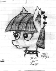 Size: 627x786 | Tagged: artist:mane-shaker, collar, derpibooru import, ear fluff, ear piercing, gothic twilight, lined paper, maud pie, monochrome, piercing, safe, solo, traditional art