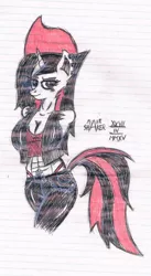 Size: 662x1206 | Tagged: safe, artist:mane-shaker, derpibooru import, oc, oc:shakie, unofficial characters only, anthro, unicorn, abs, anthro oc, breasts, clothes, female, leather jacket, leather pants, lined paper, looking at you, panties, piercing, rule 63, smirk, solo, thong, traditional art, underwear