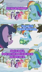 Size: 416x701 | Tagged: safe, derpibooru import, screencap, applejack, fluttershy, pinkie pie, rainbow dash, rarity, tank, twilight sparkle, twilight sparkle (alicorn), alicorn, pony, tanks for the memories, blue text, caption, female, floppy ears, frown, hug, image macro, mare, meme, open mouth, purple text, reality ensues, sad, snow, this will end in jail time
