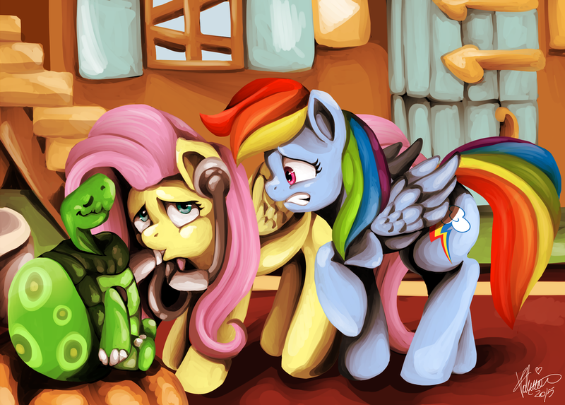 Size: 1024x734 | Tagged: artist:shivall, derpibooru import, doctor fluttershy, fluttershy, listening, rainbow dash, safe, stethoscope, tank, tanks for the memories