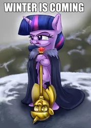 Size: 2136x3000 | Tagged: safe, artist:discorded, derpibooru import, twilight sparkle, twilight sparkle (alicorn), alicorn, pony, tanks for the memories, belly button, caption, female, game of thrones, mare, solo, twilight scepter, twilight starkle, winter is coming