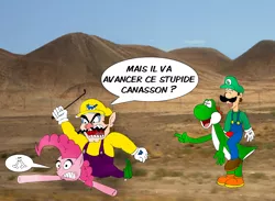 Size: 1364x999 | Tagged: artist:zefrenchm, crossover, derpibooru import, french, humans riding ponies, luigi, nintendo, pinkie pie, riding, safe, super mario bros., translated in the description, wario, yoshi