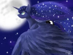 Size: 1280x960 | Tagged: artist:fairyrave, derpibooru import, flying, moon, princess luna, safe, solo