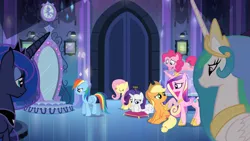 Size: 1366x768 | Tagged: safe, derpibooru import, screencap, applejack, fluttershy, pinkie pie, princess cadance, princess celestia, princess luna, rainbow dash, rarity, alicorn, earth pony, pegasus, pony, unicorn, equestria girls, equestria girls (movie), female, mirror