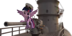 Size: 6144x3072 | Tagged: suggestive, artist:3d thread, artist:creatorofpony, derpibooru import, twilight sparkle, twilight sparkle (alicorn), alicorn, pony, /mlp/, 3d, 3d model, absurd resolution, admiral, bedroom eyes, blender, cannon, cg, depth of field, female, foreshortening, grin, gun, hat, looking at you, mare, naughty, naval gun, navy, phallic symbol, pinup, riding, rubbing, sailor, sailor uniform, ship, simple background, smiling, solo, straddling, submarine, teeth, transparent background, u-boat, wingboner