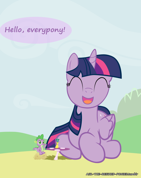 Size: 1280x1624 | Tagged: safe, artist:pegachess, derpibooru import, spike, twilight sparkle, twilight sparkle (alicorn), alicorn, pony, ask the resized ponies, comic, dialogue, female, giant pony, macro, mare