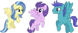 Size: 5379x2331 | Tagged: safe, artist:cheezedoodle96, derpibooru import, clear skies, open skies, sunshower, pegasus, pony, tanks for the memories, .svg available, abbott and costello, background pony, cutie mark, female, flying, frown, grin, hoof on chest, male, mare, open mouth, simple background, smiling, spread wings, stallion, svg, transparent background, trio, unamused, vector, who's on first?