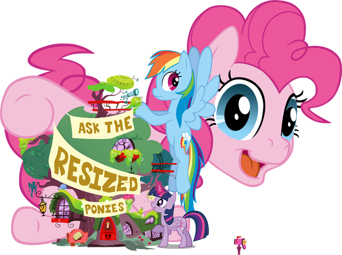 Size: 670x500 | Tagged: safe, artist:pegachess, derpibooru import, pinkie pie, rainbow dash, twilight sparkle, twilight sparkle (alicorn), alicorn, pony, ask the resized ponies, female, giant pony, giantess, golden oaks library, macro, mare