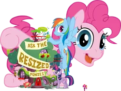 Size: 670x500 | Tagged: safe, artist:pegachess, derpibooru import, pinkie pie, rainbow dash, twilight sparkle, twilight sparkle (alicorn), alicorn, pony, ask the resized ponies, female, giant pony, giantess, golden oaks library, macro, mare