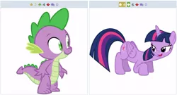 Size: 510x275 | Tagged: suggestive, artist:porygon2z, derpibooru import, spike, twilight sparkle, twilight sparkle (alicorn), alicorn, pony, derpibooru, bedroom eyes, exploitable meme, eyes on the prize, female, juxtaposition, juxtaposition win, male, mare, meme, meta, shipping, simple background, straight, twispike, vector, white background