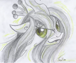 Size: 2960x2448 | Tagged: safe, artist:thezimart, derpibooru import, queen chrysalis, changeling, changeling queen, fangs, female, pencil drawing, smiling, solo, traditional art