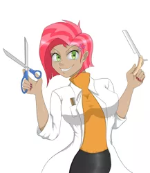 Size: 1300x1500 | Tagged: artist:janji009, babs seed, bloom and gloom, breasts, busty babs seed, clothes, derpibooru import, female, freaky fred, human, humanized, lab coat, older, razor, safe, scissors, solo, stupid sexy babs seed, sweeney todd
