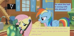 Size: 567x277 | Tagged: caption, derpibooru import, doctor fluttershy, edit, edited screencap, fluttershy, listening, pun, rainbow dash, safe, screencap, screencap comic, stethoscope, tank, tanks for the memories