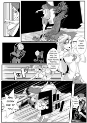 Size: 1024x1448 | Tagged: applejack, artist:0ryomamikado0, badass, black and white, comic, comic:doki doki harmony, derpibooru import, fighting stance, fisticuffs, grayscale, human, humanized, magic, magic circle, manga, monochrome, safe, zombie