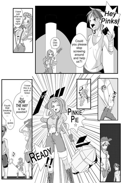 Size: 1024x1536 | Tagged: applejack, artist:0ryomamikado0, between breasts, black and white, comic, comic:doki doki harmony, cutie mark, derpibooru import, fourth wall, grayscale, hammer, hammerspace, human, humanized, manga, monochrome, phone charm, pinkie pie, rainbow dash, suggestive, war hammer