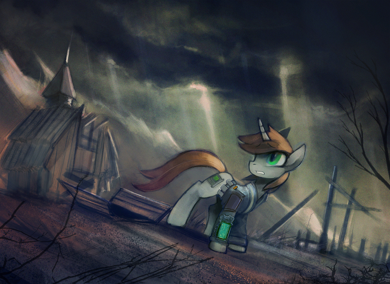 Size: 1375x1000 | Tagged: safe, artist:foxinshadow, derpibooru import, oc, oc:littlepip, unofficial characters only, pony, unicorn, fallout equestria, fanfic, barn, clothes, fanfic art, female, hooves, horn, mare, pipbuck, post-apocalyptic, scenery, solo, sweet apple acres, teeth, vault suit, wasteland