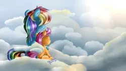 Size: 1920x1080 | Tagged: artist:yuukon, cloud, cloudy, derpibooru import, rainbow dash, safe, scootaloo, scootalove