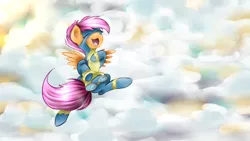 Size: 1920x1080 | Tagged: safe, artist:yuukon, derpibooru import, scootaloo, pegasus, pony, cute, cutealoo, goggles, scootaloo can fly, smiling, solo, wonderbolt scootaloo, wonderbolts uniform