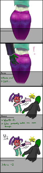 Size: 1000x4000 | Tagged: questionable, artist:figgot, derpibooru import, aria blaze, oc, oc:anon, equestria girls, arse-ia blaze, bad touch, blushing, butt grab, dazzlequest, embarrassed, grope, molestation, tsundaria, tsundere