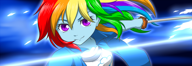 Size: 1000x346 | Tagged: safe, artist:hashioaryut, derpibooru import, rainbow dash, equestria girls, looking at you, mystic arte, solo, sword, tales of series, tales of vesperia, yuri lowell