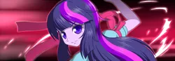 Size: 1000x346 | Tagged: safe, artist:hashioaryut, derpibooru import, twilight sparkle, twilight sparkle (alicorn), equestria girls, bust, colored pupils, human coloration, looking at you, mystic arte, ribbon, rita mordio, smiling, solo, tales of series, tales of vesperia