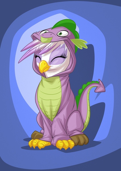 Size: 1447x2047 | Tagged: safe, artist:mysticalpha, derpibooru import, gilda, spike, dragon, gryphon, abstract background, clothes, commission, costume, cute, dragon costume, eyes closed, female, gildadorable, hoodie, kigurumi, sitting, smiling, solo, spikelove, spilda, :t, wide eyes