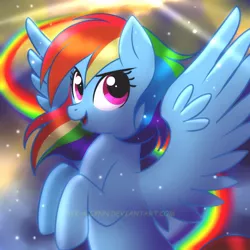 Size: 900x900 | Tagged: artist:jacky-bunny, dead source, derpibooru import, female, looking at you, mare, pegasus, rainbow dash, rainbow trail, safe, solo, spread wings, tanks for the memories, watermark
