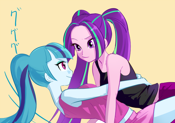 Size: 600x423 | Tagged: safe, artist:pan, derpibooru import, aria blaze, sonata dusk, equestria girls, arisona, clothes, embrace, female, lesbian, shipping, sleeveless, tanktop