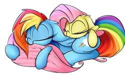 Size: 1280x759 | Tagged: artist:madacon, butt pillow, cute, derpibooru import, duo, eyes closed, fluttershy, madacon is trying to murder us, prone, rainbow dash, safe, sleeping, smiling, tail pillow