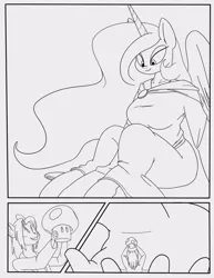 Size: 786x1017 | Tagged: anthro, anthro oc, artist:goat train, breasts, busty princess celestia, derpibooru import, female, giantess, giantlestia, growth, macro, mega mushroom, monochrome, oc, princess celestia, suggestive, super mario bros.