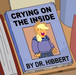 Size: 250x247 | Tagged: applejack, applejack cries on the inside, autobiography, book, crying inside, derpibooru import, dr hibbert, edit, safe, solo, tanks for the memories, the simpsons