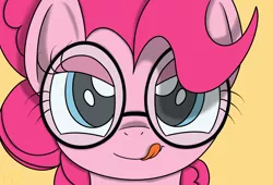 Size: 2200x1500 | Tagged: safe, artist:pavlovzdawg, derpibooru import, pinkie pie, glasses, licking, licking lips, solo, tongue out