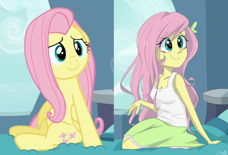 Size: 1520x1033 | Tagged: safe, artist:silbersternenlicht, derpibooru import, screencap, fluttershy, pegasus, pony, equestria girls, tanks for the memories, clothes, comparison, cute, equestria girls interpretation, heart eyes, scene interpretation, skirt, smiling, solo, tanktop, wingding eyes