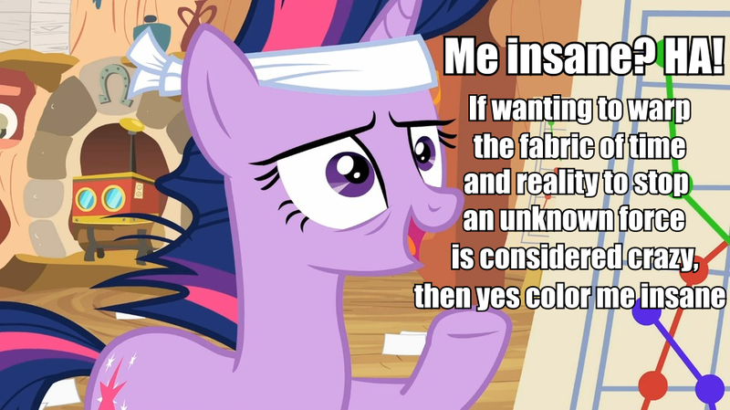 Size: 960x539 | Tagged: safe, derpibooru import, edit, edited screencap, screencap, twilight sparkle, pony, unicorn, it's about time, future twilight, golden oaks library, headband, image macro, meme, messy mane, smiling, solo, twilight gone mad