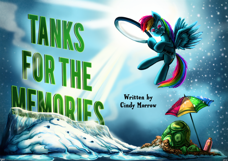 Size: 1328x940 | Tagged: safe, artist:jowybean, derpibooru import, rainbow dash, tank, tanks for the memories, crying, do i look angry, flying, ice, magnifying glass, snow, snowfall, title card