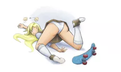 Size: 1440x858 | Tagged: artist:eve-ashgrove, artist:king-kakapo, ass, ass up, clothes, colored, converse, derpibooru import, derpy hooves, female, human, humanized, muffin, panties, shoes, skateboard, skirt, sneakers, socks, solo, striped underwear, suggestive, underwear, upskirt