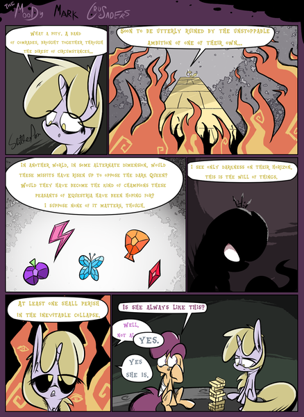 Size: 1235x1690 | Tagged: alternate universe, artist:slitherpon, comic, derpibooru import, dinky hooves, elements of harmony, implied diamond tiara, implied silver spoon, jenga, moody mark crusaders, safe, scootaloo