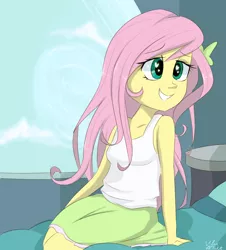 Size: 880x973 | Tagged: safe, artist:silbersternenlicht, derpibooru import, fluttershy, equestria girls, tanks for the memories, bed, bedroom eyes, clothes, cute, equestria girls interpretation, meme, scene interpretation, skirt, smiling, solo, tanktop